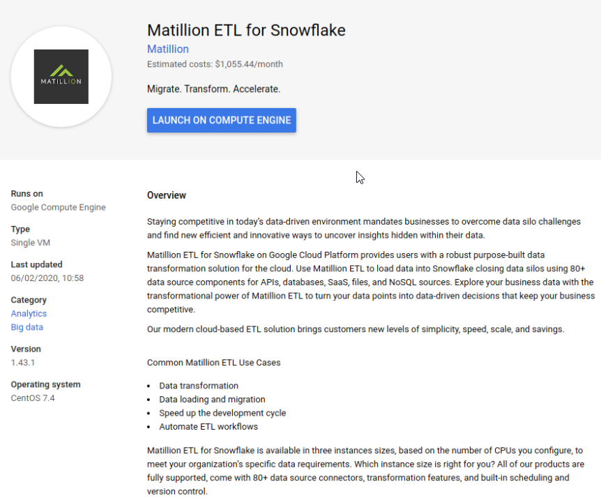 Launching Matillion ETL for Snowflake GCP